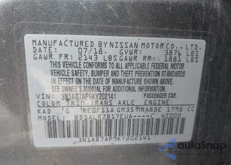 2019 Nissan Sentra Sr z USA, uszkodzony, nr VIN 3N1AB7AP9KY202141